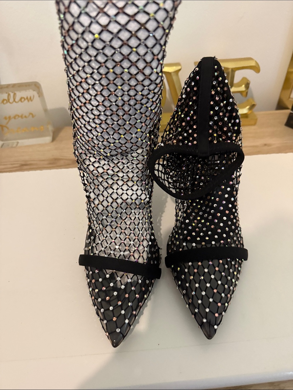 Cape Robbin Black Crystal Mesh Pointed-Toe Heels